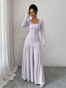 Selianne 女士紫色层叠纹理面料休闲度假风长袖方领纽扣上衣搭配拼接喇叭长裙，优雅精致，适合狂欢节、返校季、教师/学生穿着，秋季时尚百搭两件套 - 紫色 - 查看 4