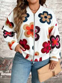 Momelise Chaqueta casual de corte holgado con cuello redondo y estampado floral para mujer, adecuada para volver al colegio, el Día del Maestro, Halloween, Navidad, otoño/invierno, tallas grandes - Multicolor - Ver 3