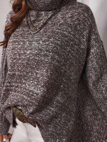 SHEIN LUNE Women's Solid Color High Neck Drop Shoulder Long Sleeve Casual Loose Knit Pullover Sweater - Coffee Brown - View 5
