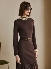 Arave Women's Slim Fit, Small High Collar, Cuffs With Beading Decoration, Hem With Tassel Stitching Design, Modern Party Long-Sleeved Sweater Dress,   Party Dress, Winter Clothes For Women - Chocolate Brown - View 8