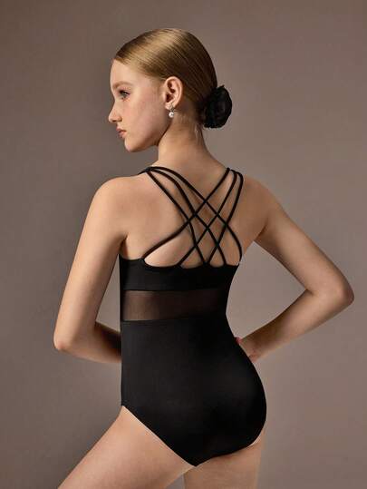 SHEIN Tween Girls Sleeveless Black Leotard, Suitable For School, Ballet ,Competition, Children Dance Bodysuit Gymnastics Sportswear