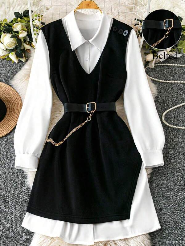 SHEIN Tall فستان قميص بلون أحادي + فستان سترة أكمام بدون أكمام أسود مع حزام، ملابس أنيقة وكاجوال للتنقل، ربيع/خريف