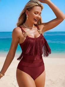 Swim Lushoire 2025 Women Solid Color Fringe Design Fashionable Spaghetti Strap One-Piece Swimsuit - Burgundy - View 1