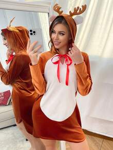 Christmas Deer Antler Fuzzy Trim Plush Tie Sweet Cute Coquette Babydoll Dress, Suitable For Outerwear, Party, Music Festival, Women - Brown - View 2