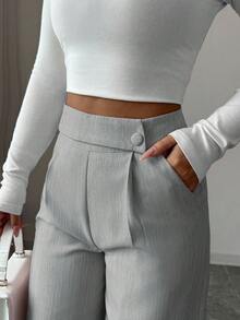 Elenzga Pantalones rectos sueltos y fluidos de tela de bambú rosa con diseño de hebilla de superposición frontal en la cintura, elegante uniforme de maestro, profesional y casual, esencial para Acción de Gracias y Halloween - Gris - Ver 4