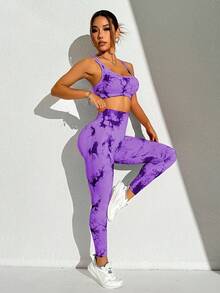 Slayform Mauve Purple Tie Dye Sports Set For Women Featuring Criss Cross Back Micro Crop Top And Matching Leggings - Mauve Purple - View 2
