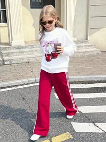 Leap Crew Tween Girls Clothes Fruit Print Round Neck Long Sleeve Sweatshirt Solid Red Wide Leg Sweatpants 2pcs Set, Sweatshirt Outfit