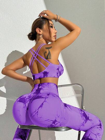 Slayform Mauve Purple Tie Dye Sports Set For Women Featuring Criss Cross Back Micro Crop Top And Matching Leggings