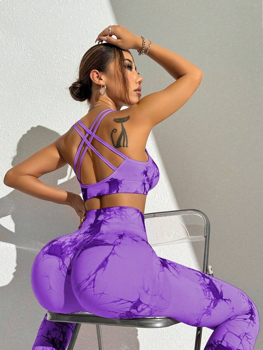 Slayform Mauve Purple Tie Dye Sports Set For Women Featuring Criss Cross Back Micro Crop Top And Matching Leggings - Mauve Purple - View 1