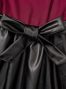 Vestido de cuero para niñas, cuello redondo, manga larga, textura acanalada + cuello con cuentas, estilo dulce de señorita, adecuado para otoño - Negro - Ver 6