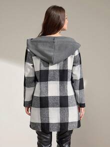Momelise Plus Size Casual Plaid Hooded Jacket, Autumn/Winter - Black and White - View 2