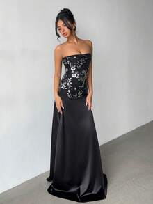 Glamine 黑色亮片露肩无袖缎面长裙、街头服饰、秋冬连衣裙、万圣节连衣裙、演唱会连衣裙、俱乐部连衣裙、约会晚礼服、优雅高贵连衣裙、舞会礼服、狂欢礼服、女士生日礼服、派对必备、花卉时尚、闪亮连衣裙、圣诞服装 - 黑色 - 查看 1