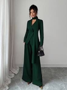 SHEIN Elenzya Women's Thick Feeling Blazer Collar Asymmetric Lapel Design Waist Cinched Long Sleeve Casual Jacket & Wide Leg Pants Set, Elegant & Sophisticated, Suitable For Work, Dates, Parties, Holidays, Fall Season