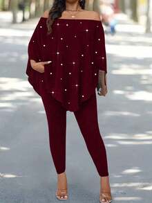 EMERY ROSE Plus Size Ribbed Beaded Off Shoulder Top And Leggings 2 Pieces Set - Burgundy - View 3