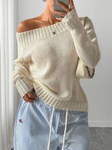 Elenzga Suéter elegante de manga larga y hombros descubiertos para tallas grandes - Beis - Ver 1