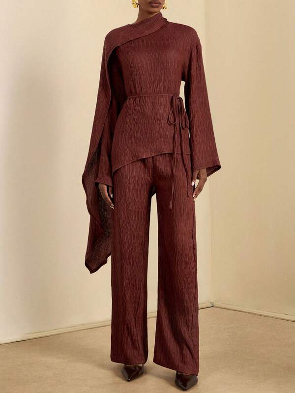 SHEIN Veneréa Women's Solid Color Long Sleeve Asymmetric Hem Blouse And Pants Casual 2 Pieces Set