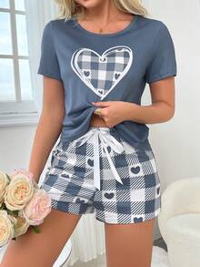 SweetSlumber Ladies' Heart & Check Pattern Short Sleeve Shorts Pajama Set