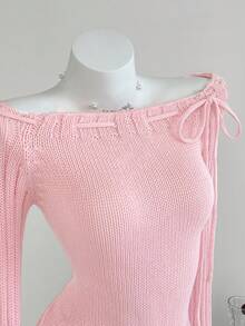Flirla Sweet & Versatile Solid Color Lace-Up Fitted Sweater Knit Pullover Fall Winter - Pink - View 4