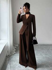 SHEIN Elenzya 女士酒红色厚面料V领不对称领口设计系腰长袖休闲夹克，搭配宽松阔腿长裤两件套 - 咖啡棕 - 查看 3