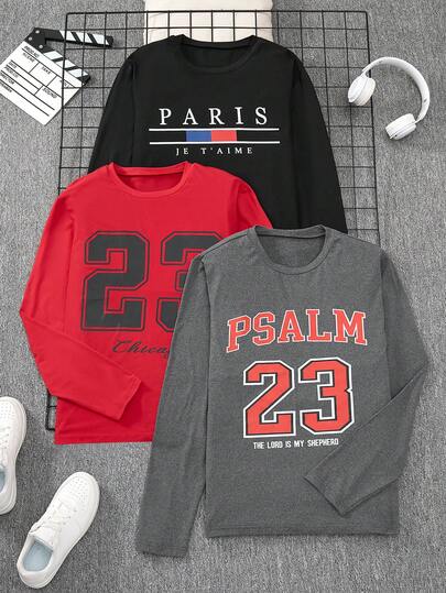 Camiseta de manga larga con cuello redondo y gráfico de letras casual para adolescentes varones, adecuada para ocio, calle, transporte y capas en otoño/invierno