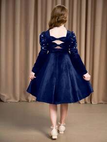 Tween GirlsBurgundy Solid Color Elegant Long Sleeve Dress - Navy Blue - View 3