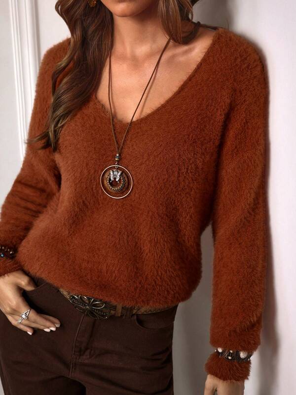 LanaWest White V-Neck Casual Soft Knit Long Sleeve Pullover Sweater, Autumn/Winter