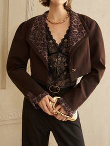 GENKIRA Women's Plain Fabric Large Lapel Leg-Of-Mutton Sleeves Stitching Leopard Print Modern Party Long-Sleeved Short Jacket   Winter Clothes - Brown - View 5