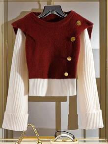 GlowEve 女士纽扣设计二合一长袖休闲毛衣，秋冬款 - 紅白色 - 查看 1