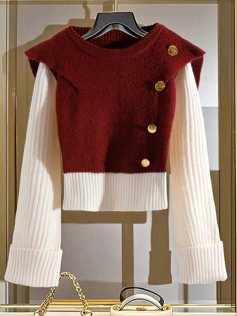GlowEve 女士纽扣设计二合一长袖休闲毛衣，秋冬款 - 紅白色 - 查看 1