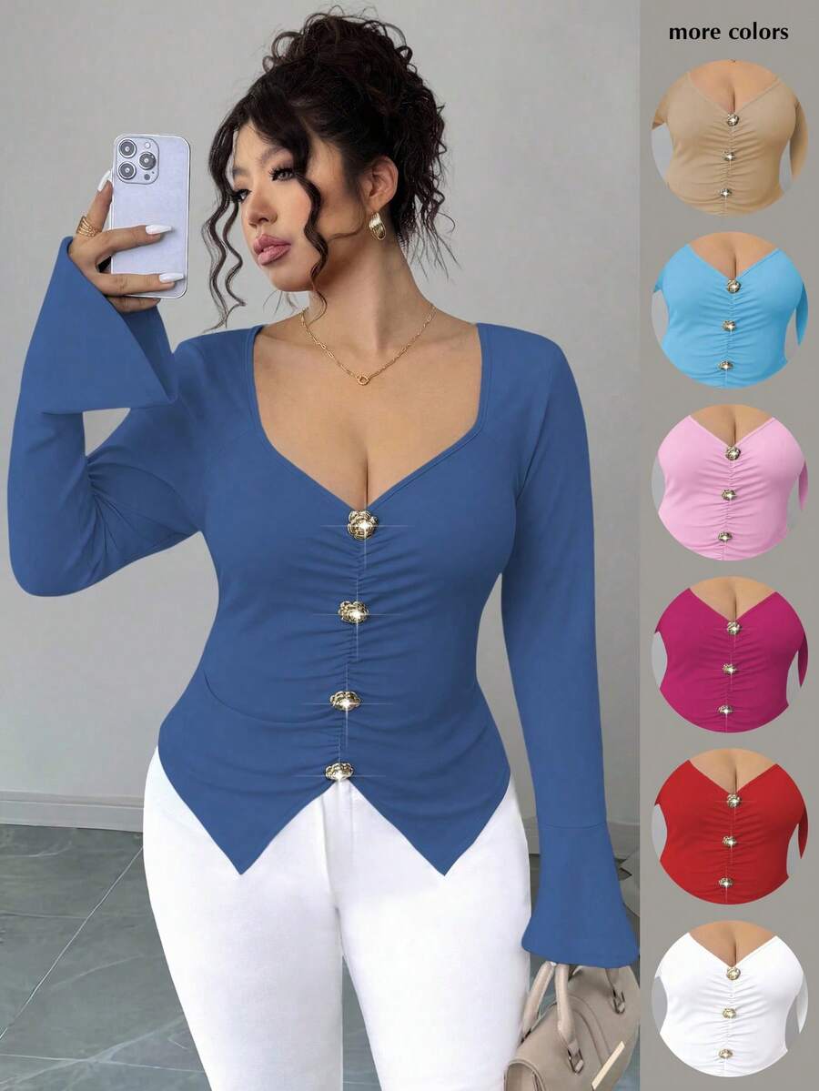 Elenzga Plus Size V-Neck Metal Button Flare Sleeve Fitted T-Shirt - Dusty Blue - View 1