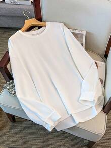 SHEIN PETITE CURVE 加大码长袖圆领卫衣 - 白色 - 查看 3