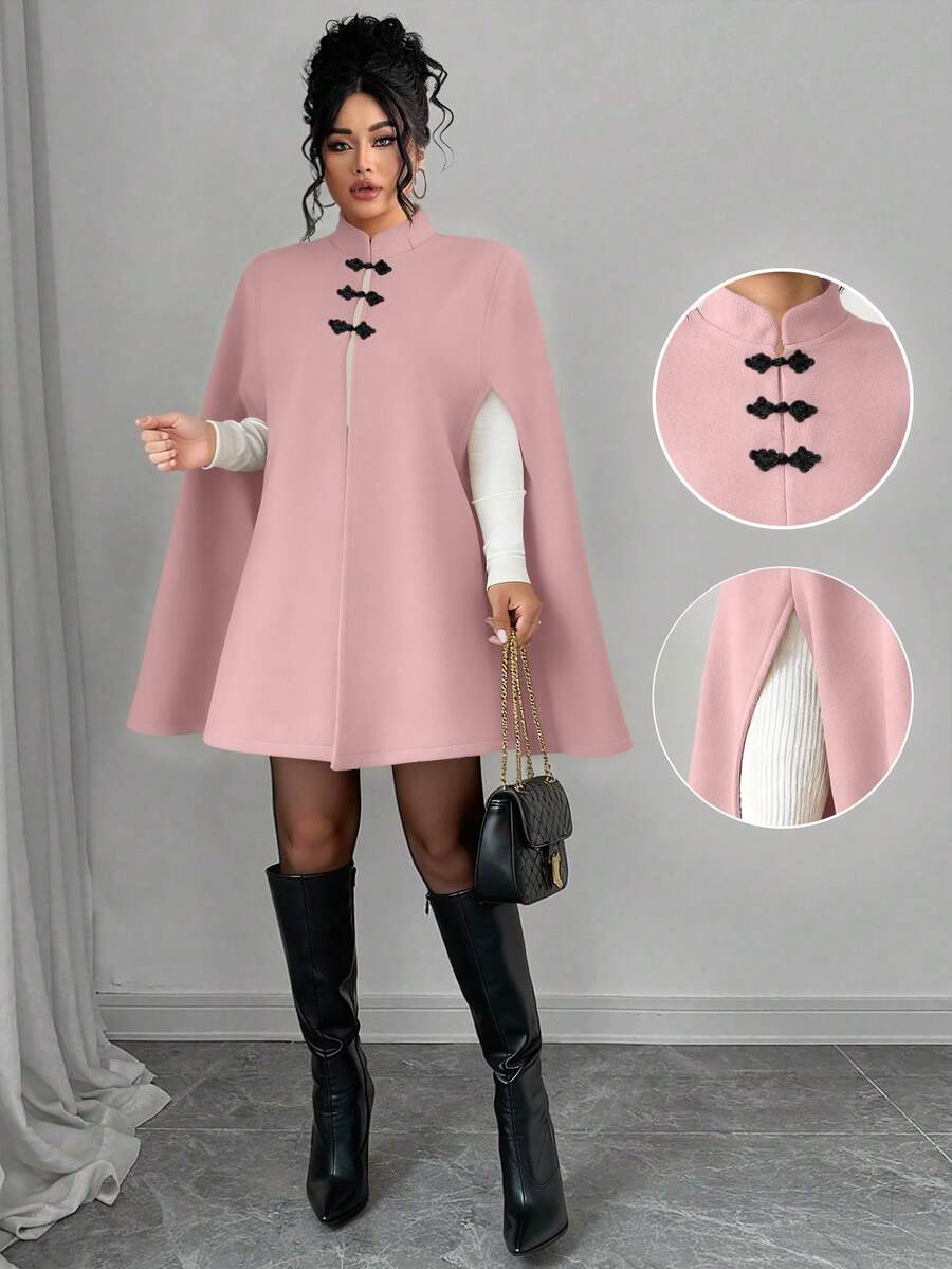 Elenzga Áo choàng len cổ khóa thanh lịch cỡ lớn cho nữ - Hồng - Xem 1