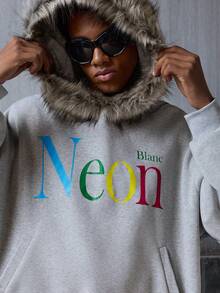 NEON BLANC Felpa da uomo a maniche lunghe con motivo, moda con cappuccio in pile, ampia, con cappuccio corto - Grigio - Visualizzare 7