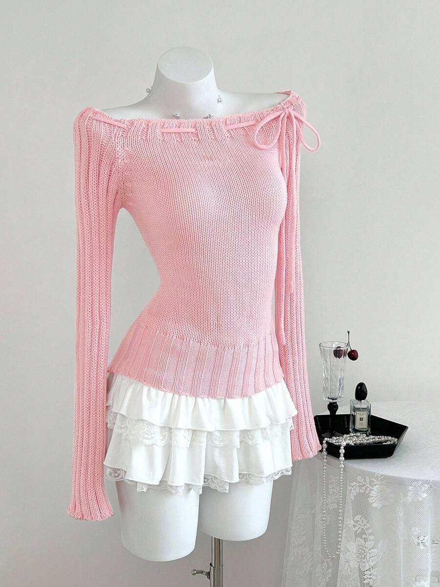Flirla Sweet & Versatile Solid Color Lace-Up Fitted Sweater Knit Pullover Fall Winter - Pink - View 1