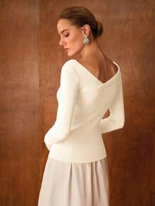 MOTF PREMIUM FRENCH ASYMMETRICAL CASUAL SHOULDER KNIT LONG SLEEVE SWEATER, FITTED BASE LAYER FOR AUTUMN/WINTER - Beige - View 4