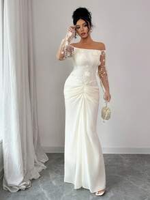 SHEIN Elenzya Vestido largo elegante de fiesta con hombros descubiertos y drapeado para mujer - Albaricoque - Ver 7