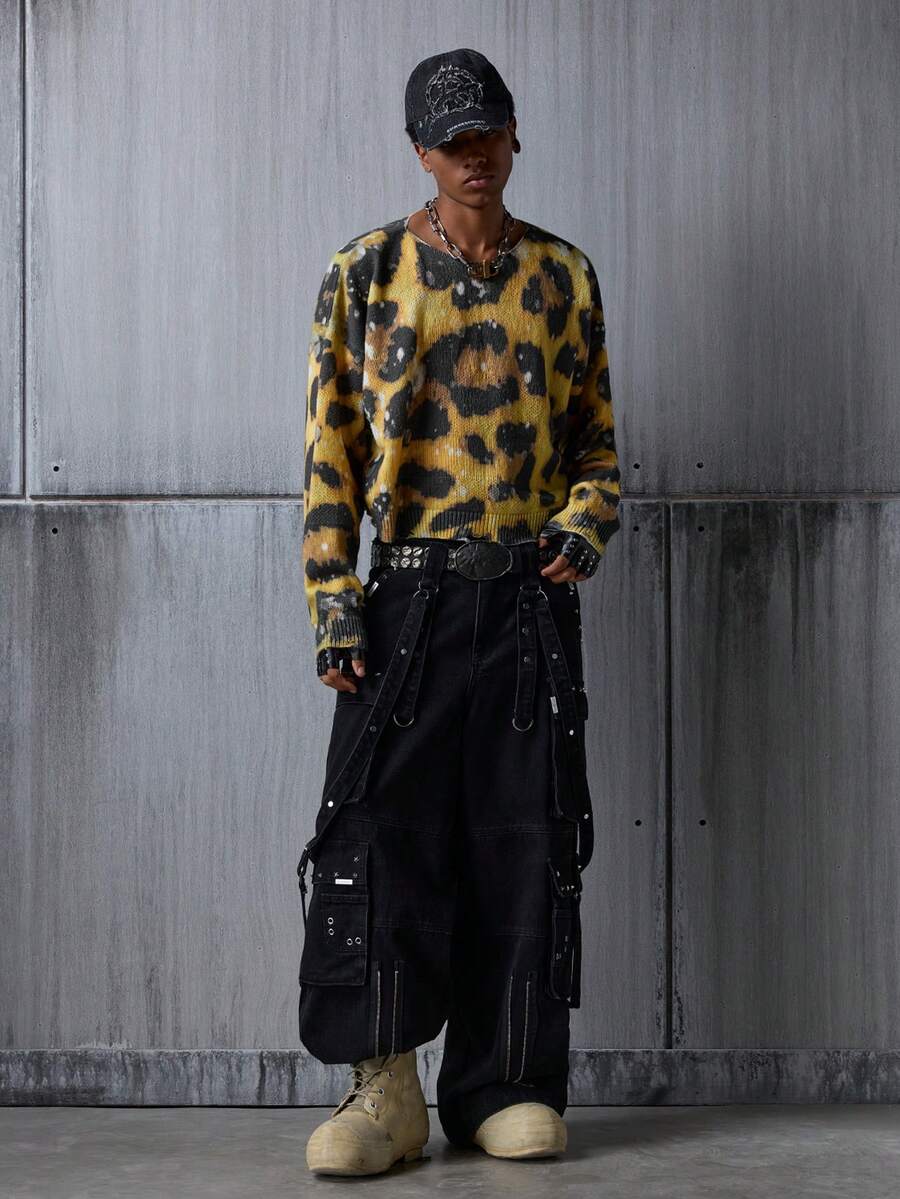 NEON BLANC Men's Leopard Pattern Loose Fit Casual Sweater, Winter - Yellow - View 1