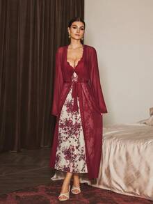 Slumberist Luxury Women's Sleepwear Set, Elegant Floral Print Ruffle Dress, Sheer Sexy Robe Set Burgundy Dress Gown And Robe Set - Burgundy - View 6