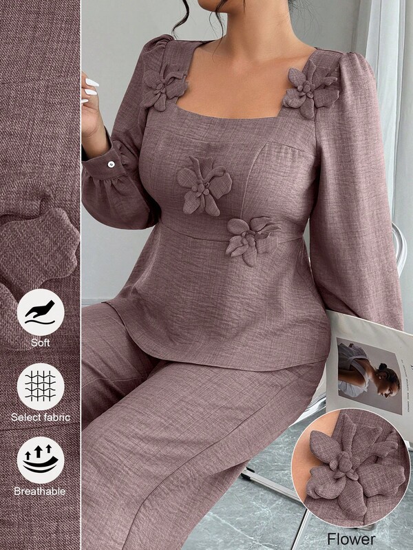 Elenzga Plus Size Elegant Floral Decor Square Neck Ruffle Hem Top And Pants 2 Pieces Set, Autumn
