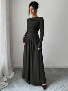 Elenzga 女士牛奶丝针织弹力露肩褶前腰 A 字宽松长袖超长连衣裙，优雅法式浪漫风格，适合办公室、休闲、派对、春/秋/冬 - 黑色 - 查看 8