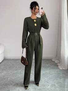 Elenzga Metall Dekor Knopf Taille Langarm Jumpsuit - Armeegrün - Übersicht 3