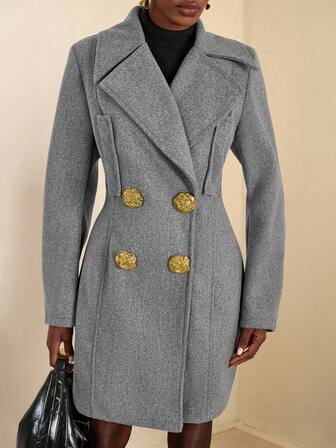 SHEIN Veneréa 女士秋冬优雅金属双排扣翻领长袖羊毛大衣