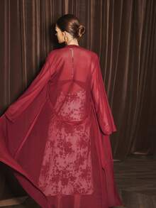 Slumberist Luxury Women's Sleepwear Set, Elegant Floral Print Ruffle Dress, Sheer Sexy Robe Set Burgundy Dress Gown And Robe Set - Burgundy - View 2