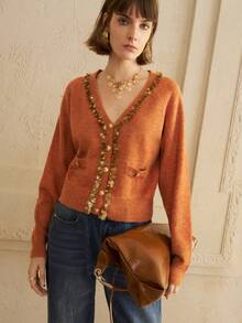 Arave 女式宽松夏尔巴面料开衫，亮片装饰设计，时尚休闲 - 橘色 - 查看 5