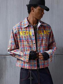 NEON BLANC Men's Letter & Plaid Print Pink Long Sleeve Denim Shirt - Multicolor - View 3