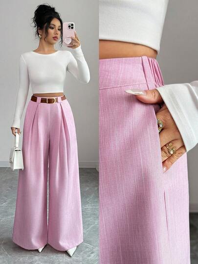 SHEIN Elenzya 女士秋冬亚麻高腰褶皱阔腿裤，优雅风格适合日常穿着、工作、毕业季、复古、音乐节、德比、独立日