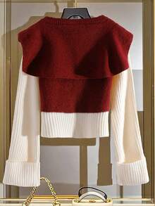 GlowEve 女士纽扣设计二合一长袖休闲毛衣，秋冬款 - 紅白色 - 查看 2