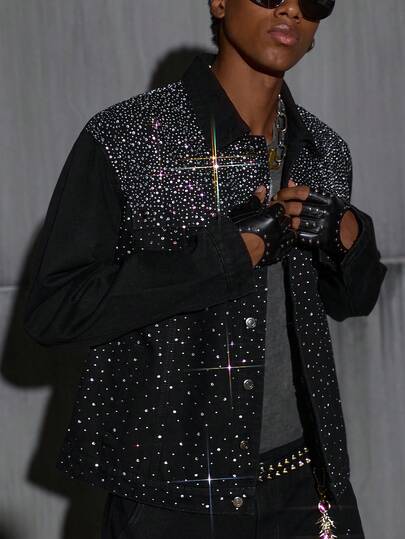 NEON BLANC Chaqueta de mezclilla con adornos de rhinestone para hombre, otoño