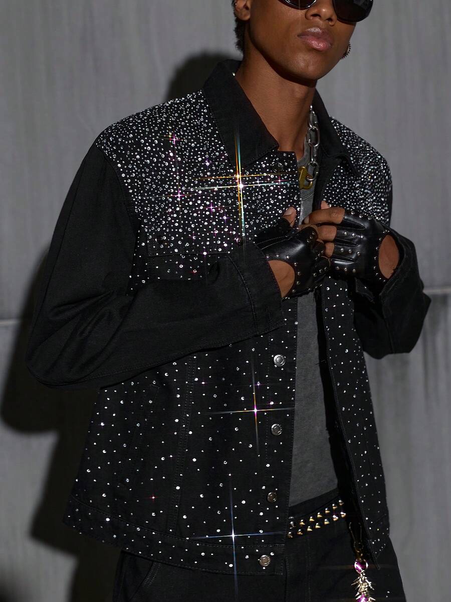 NEON BLANC Men's Fashionable Rhinestone Embellished Denim Jacket, Autumn - Black - View 1