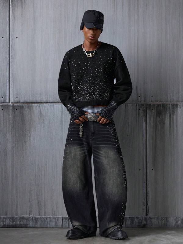 NEON BLANC Suéter holgado de cuello redondo con adornos de rhinestone para hombre